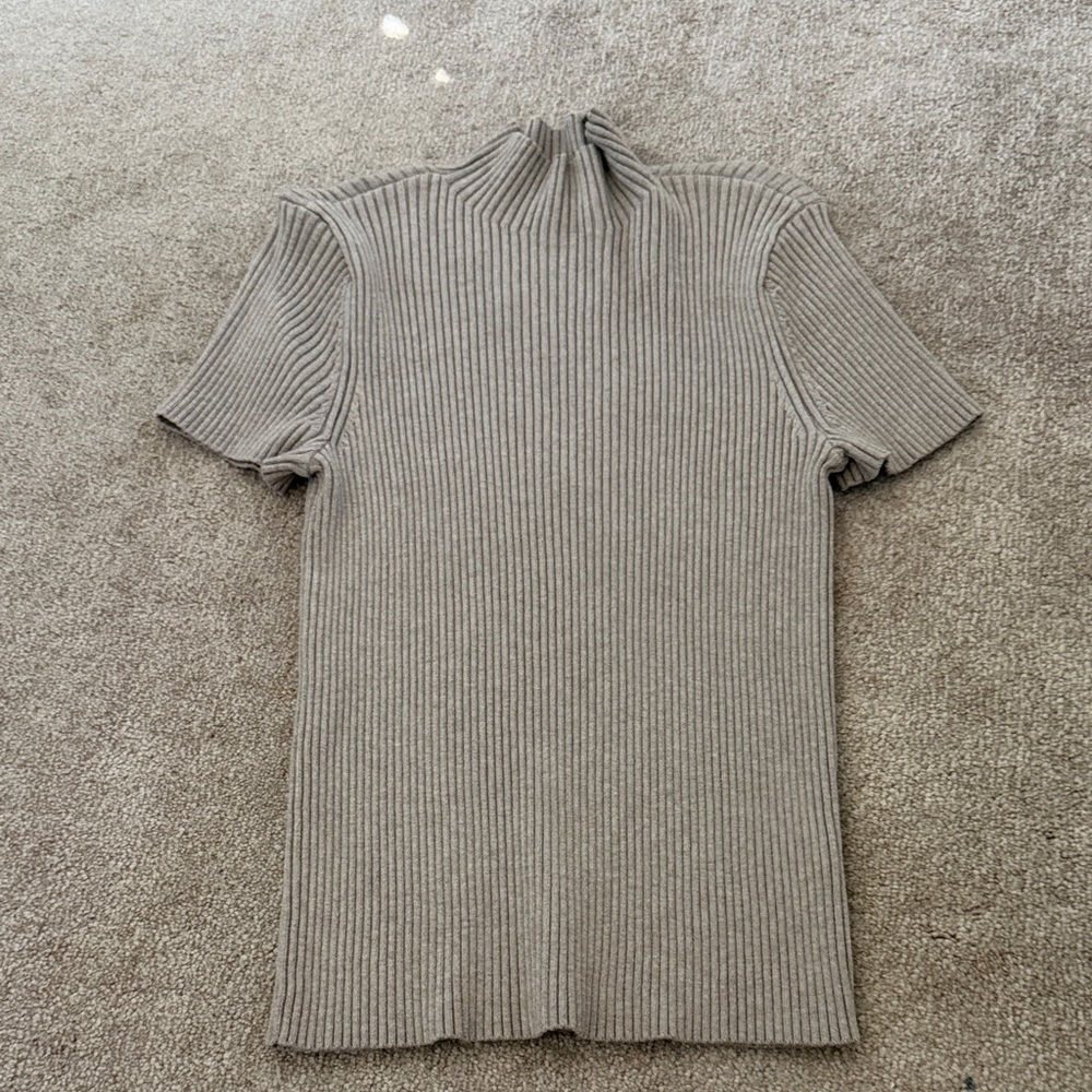 Nine West Taupe Ribbed Short-Sleeve Mock Neck Top
